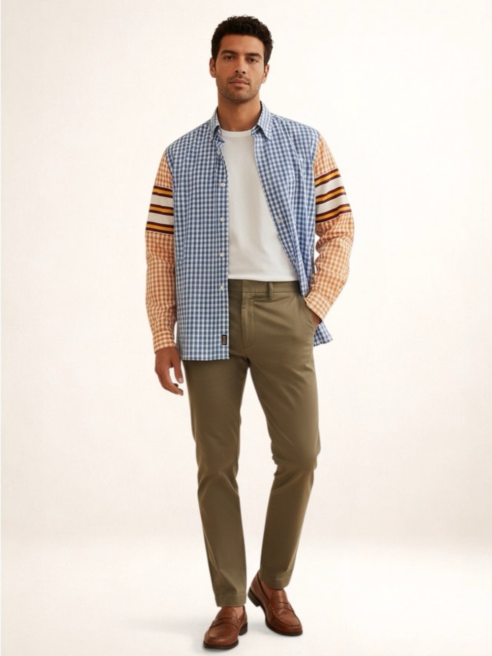 Robert Graham Patchwork Shirt Blue White Gingham Check Orange Stripe Sleeve L